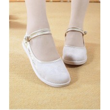 Beige Embroideried Cotton Fabric Flat Shoes Buckle Strap Flat Shoes