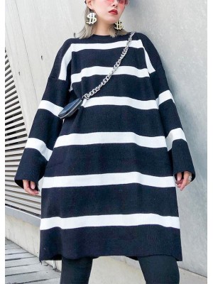 Cozy black white striped knitwear o neck baggy sweater tops