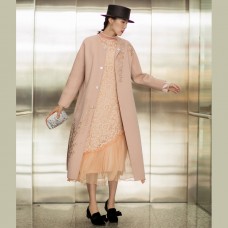 Fine pink Woolen Coats Women oversized long sleeve medium length jackets embroidery coats