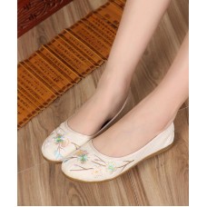 Art Splicing Flat Shoes For Women Beige Embroideried Cotton Linen Fabric