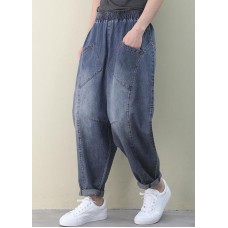 French Dark Blue Elastic Waist Pockets Patchwork Cotton Denim Pants Spring