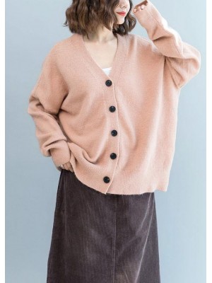 Oversized fall pink knit sweat tops plus size clothing v neck knit blouse