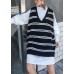 Pullover black striped knit blouse v neck sleeveless knit tops