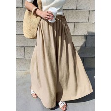 Women Khaki Elastic Waist Solid Color Cotton Wide Leg Pants Summer