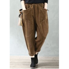 Plus Size Coffee Elastic Waist Pockets Velour Harem Pants Fall