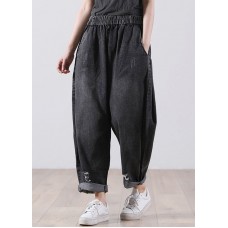 Black Pockets Cotton Denim Harem Pants High Waist Hole Fall