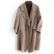 women plus size pockets outwear khaki Notched Woolen Coat