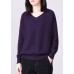 Comfy long sleeve sweater Loose fitting purple knit tops v neck