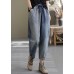 Art Blue Elastic Waist Pockets Patchwork Striped Cotton Denim Harem Pants Fall