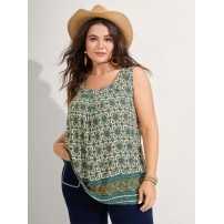 Floral Print Pleated Neckline Tank Top
