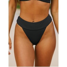 Black Ribbed High Cut Wide Waistband Bikini Bottom