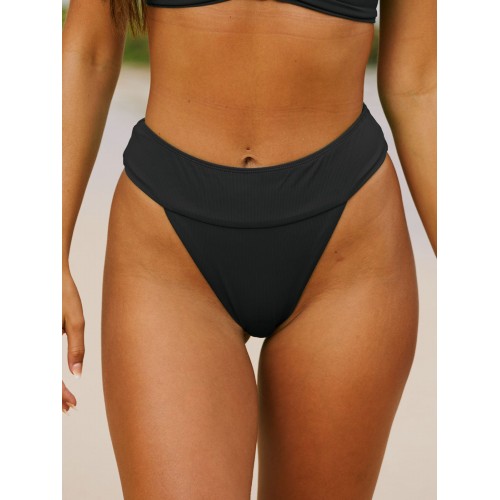 Black Ribbed High Cut Wide Waistband Bikini Bottom Black Ribbed High Cut Wide Waistband Bikini Bottom