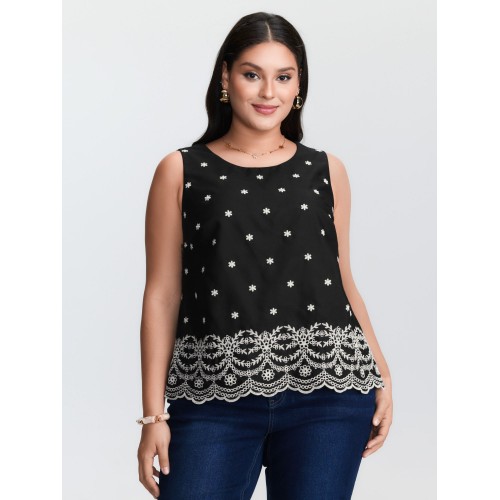 Cotton Monochrome Floral Embroidered Tank Top
